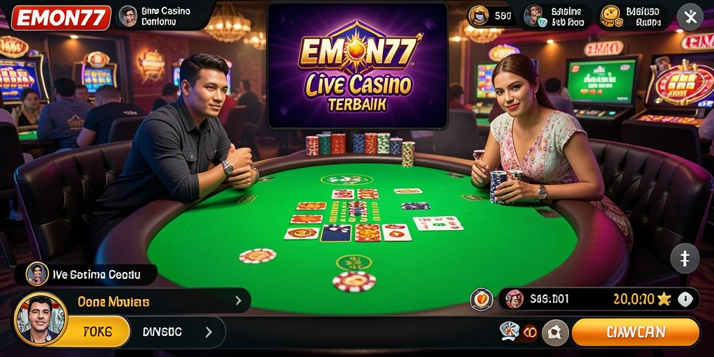 Screenshot gameplay EMON77 menampilkan dealer profesional dan permainan kasino langsung.