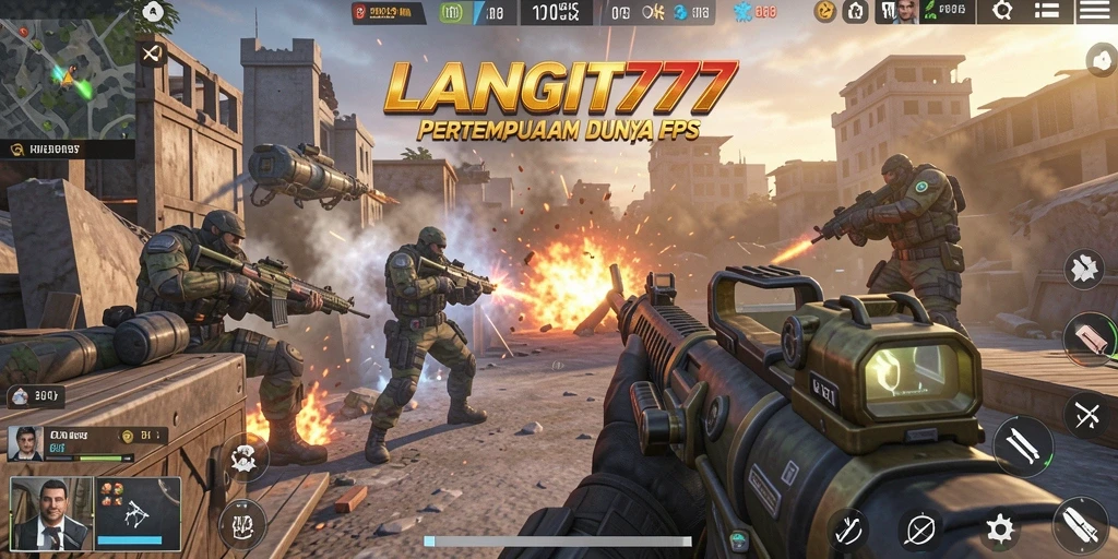Tampilan pertempuran mendebarkan di LANGIT777 dengan gameplay FPS yang intens.
