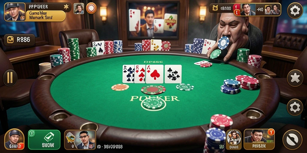 Tampilan menarik dan seru dari gameplay Poker di RP886.
